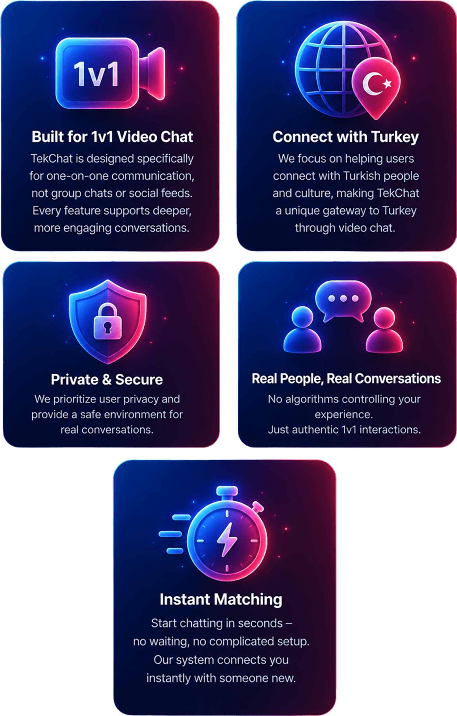 Why Choose TekChat - Built for 1v1 Video Chat, Connect with Turkey, Instant Matching, Private and Secure, Real People Real Conversations