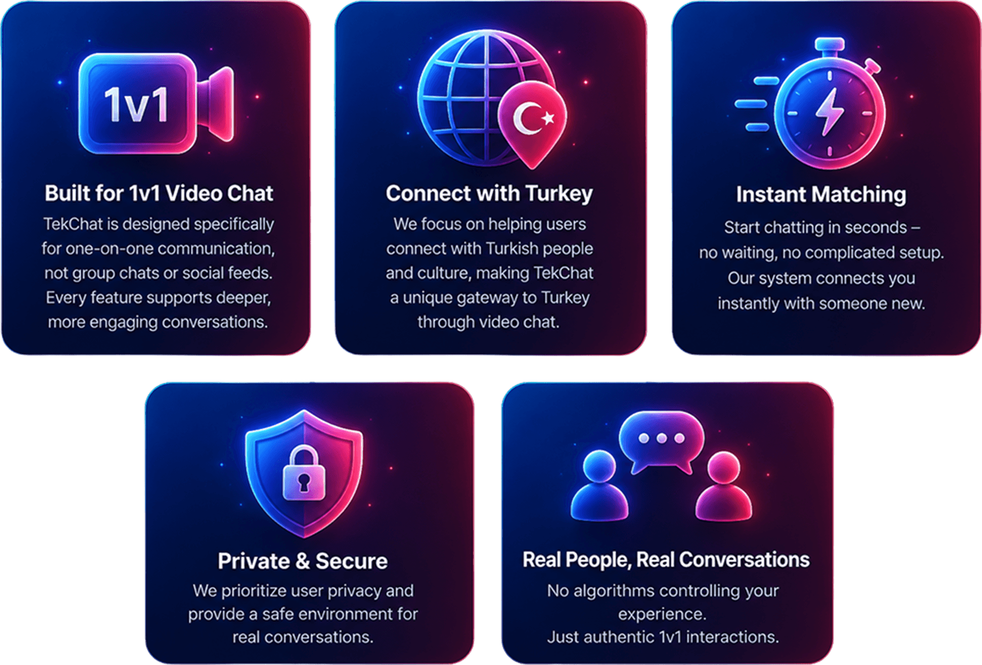 Why Choose TekChat - Built for 1v1 Video Chat, Connect with Turkey, Instant Matching, Private and Secure, Real People Real Conversations