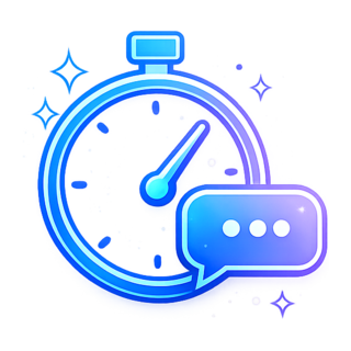 A blue and purple neon stopwatch icon with a chat bubble, symbolizing fast matchmaking and instant connections on a 1-on-1 social discovery app.