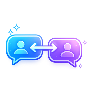 A vector icon showing two glowing user chat bubbles connected by a double-sided arrow, representing seamless peer-to-peer communication and stranger chat messaging.