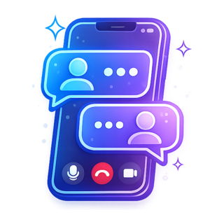 A neon smartphone graphic displaying active text bubbles and call control icons, illustrating high-quality live video and voice calling features.