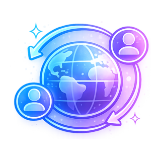 A stylized globe illustration wrapped in glowing arrows and user profiles, highlighting the cross-border networking and global community aspect of the platform.