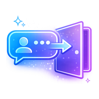 A vibrant neon graphic showing a user avatar bubble passing through an open door, representing an inviting entry into random chat rooms and new social environments.