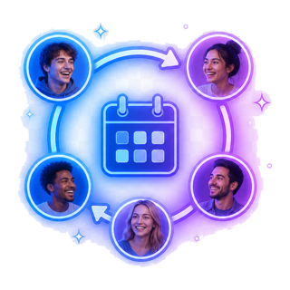 A digital calendar icon surrounded by circular profile pictures of diverse, smiling young adults, showcasing social events, scheduled online meetups, and group networking.