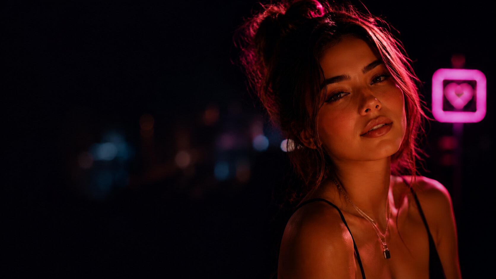 A captivating, close-up portrait of a young woman bathed in warm neon light with a pink heart icon blurred in the background, perfect for a modern social dating and video chat app interface.